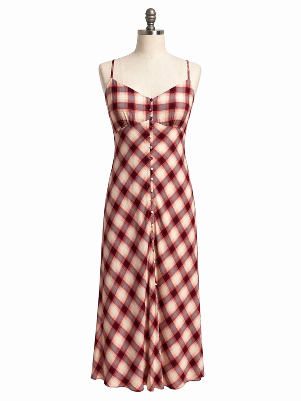 GAP Burgundy and Cream Plaid Button-Front Slip Spaghetti Strap Dress